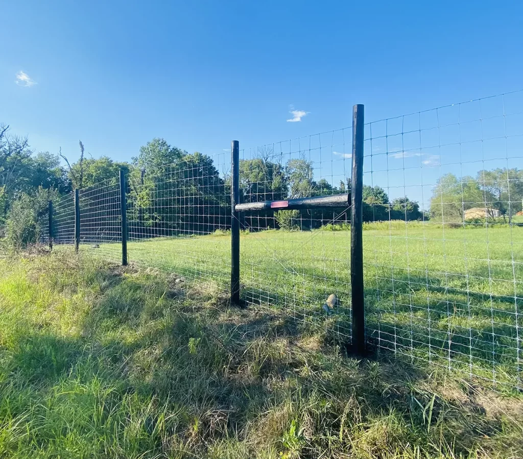 A wire fence in a large grassy field