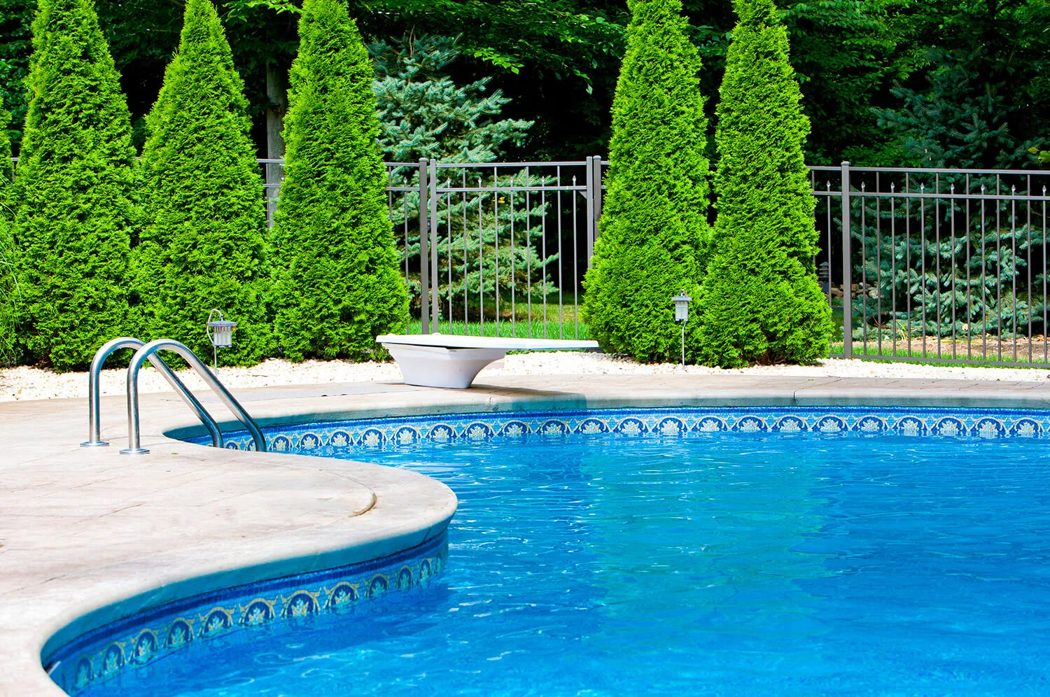 A metal picket residential pool fence with a pool that has a ladder on it and trees outside of it
